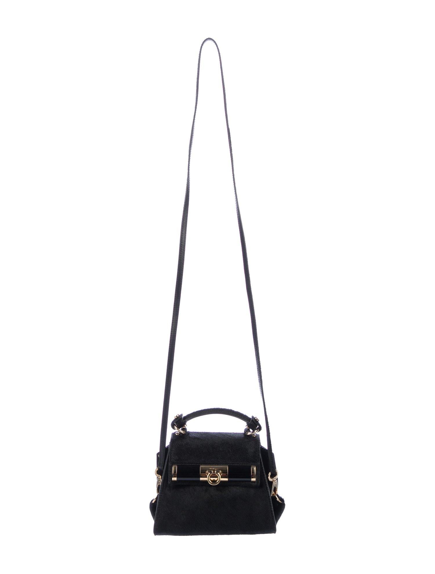 Salvatore Ferragamo Black Pony Mini Kelly Style Top Handle Satchel Shoulder Bag In Excellent Condition In Chicago, IL