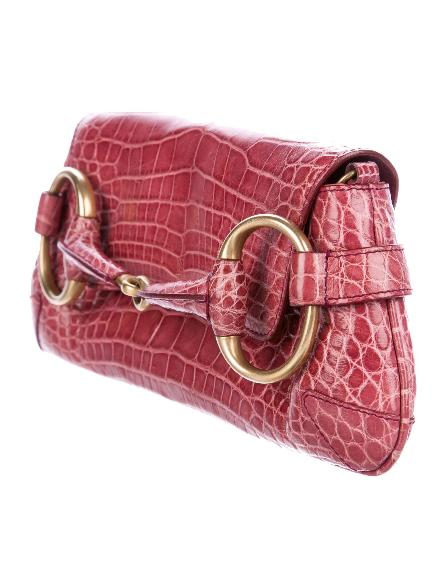 Pink Gucci Alligator Leather Gold Evening 2 in 1 Envelope Clutch Shoulder Flap Bag