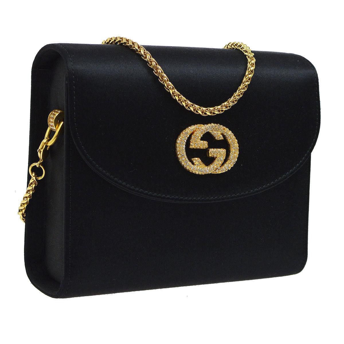 Gucci Black Satin Gold Charm GG Rhinestone 2 in 1 Clutch Shoulder Flap Bag W/Box