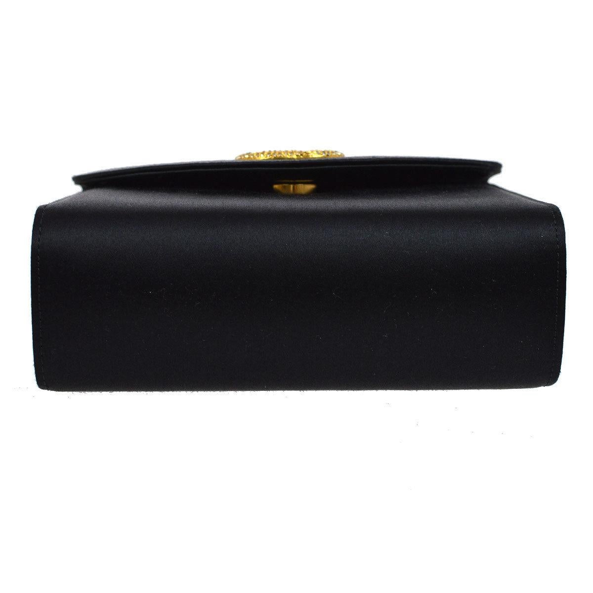 Gucci Black Satin Gold Charm GG Rhinestone 2 in 1 Clutch Shoulder Flap Bag W/Box In Excellent Condition In Chicago, IL