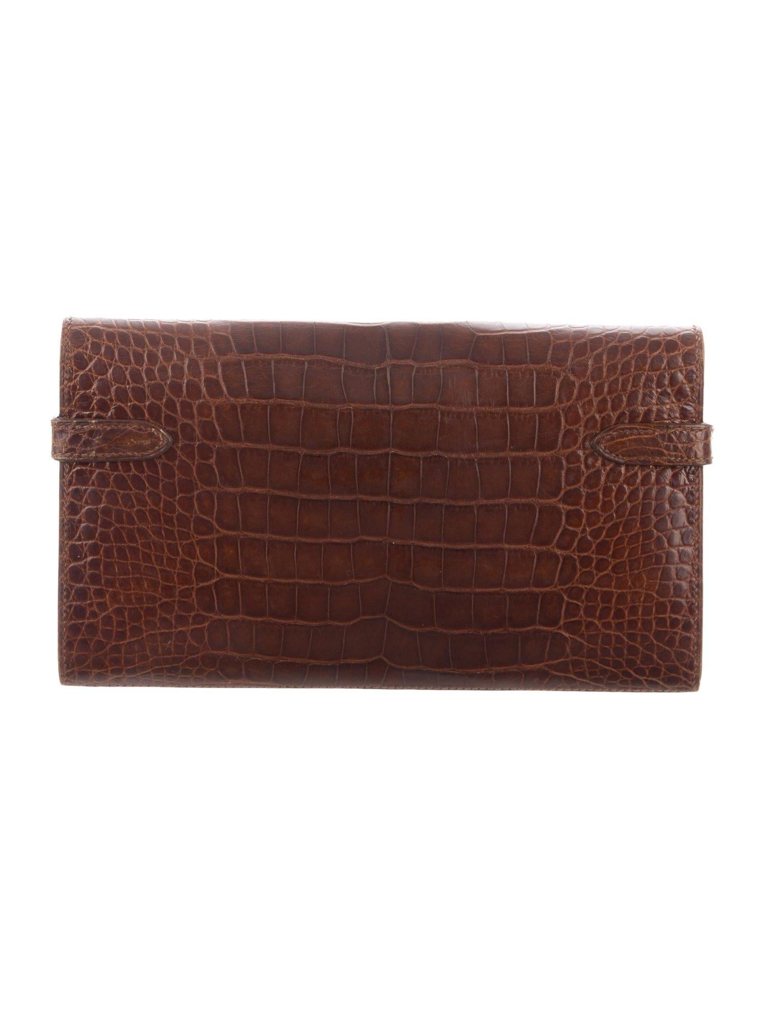 Women's Hermes Chocolate Brown Alligator Palladium Kelly Clutch Wallet Bag in Box