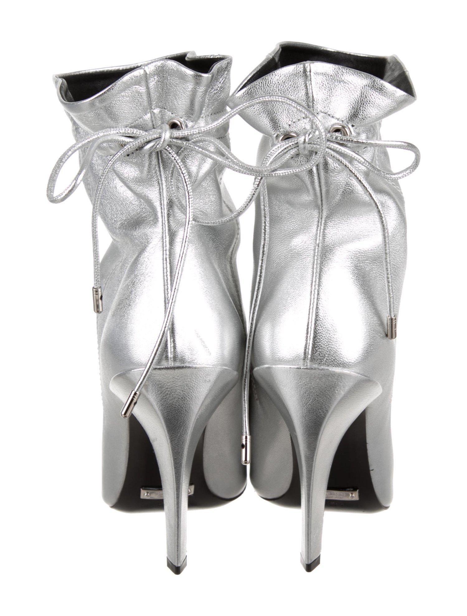Tom Ford NEW Silver Leather Metal Toe Drawstring Evening Ankle Boots Booties  1