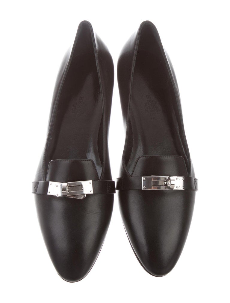 HERMES NEW Black Lather Palladium Kelly Turn Lock Flats Loafers Shoes ...
