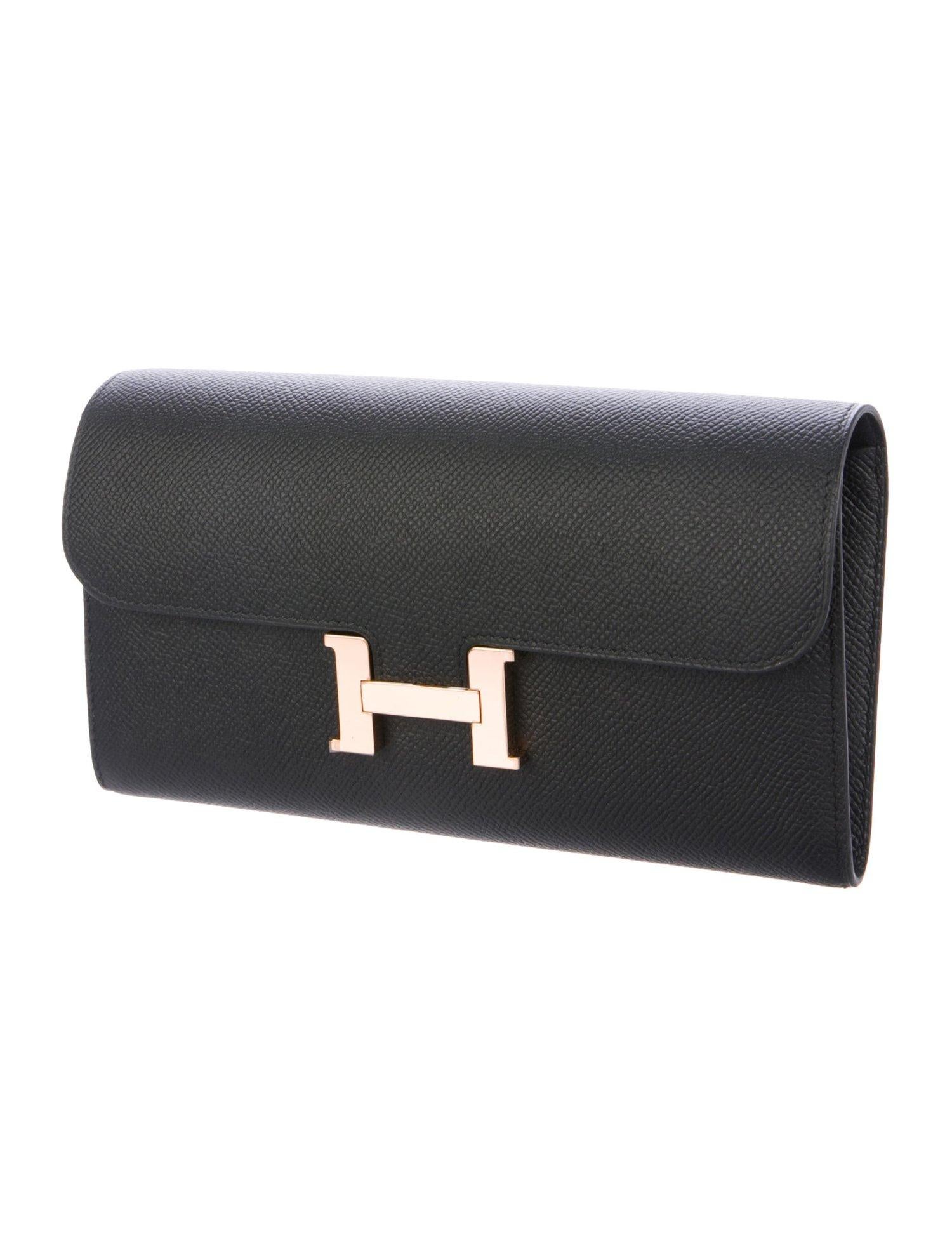 Women's Hermes Black Leather Rose Gold 'H' Charm Logo Flap Clutch Wallet in Box