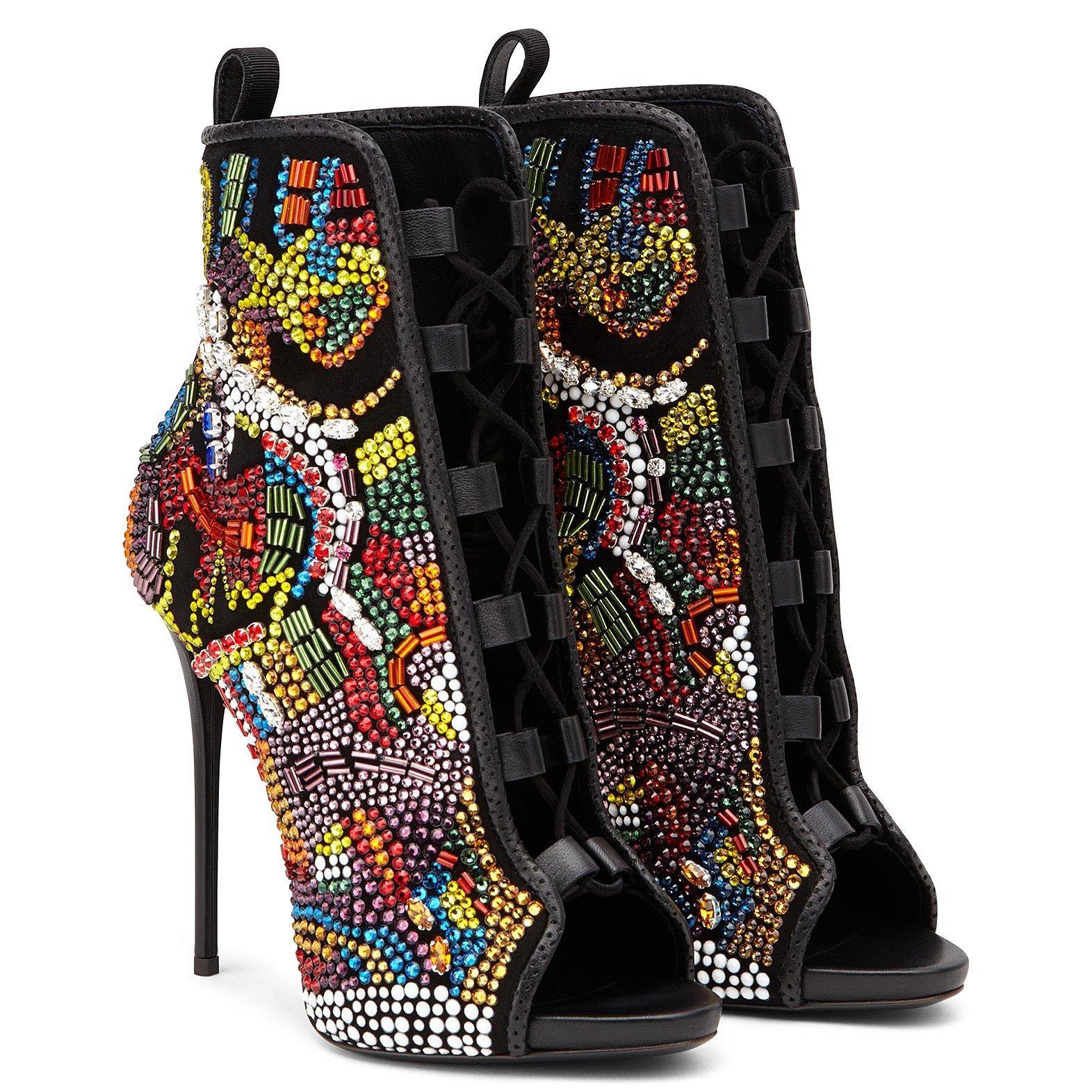 Giuseppe Zanotti NEW Limited Edition Rainbow Crystal Bead Evening Heels Booties in Box

Original purchase price $6,295
Size IT 36
Suede
Crystal
Bead
Made in Italy 
Heel height 4.75