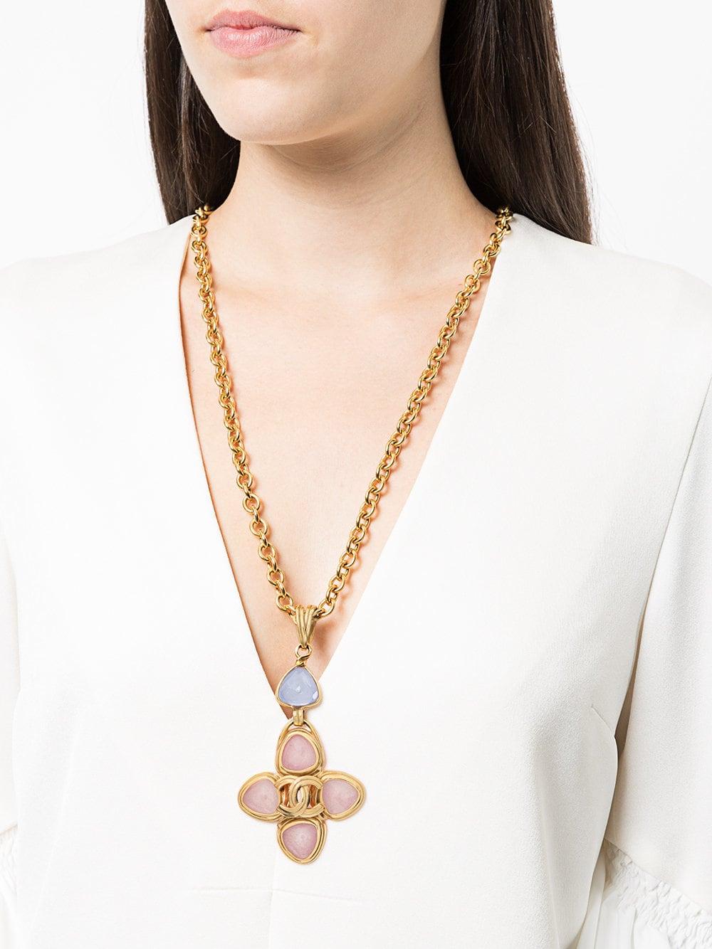 Art Deco Chanel Gold Pink Blue Flower Charm Gripoix Evening Drape Drop Necklace 