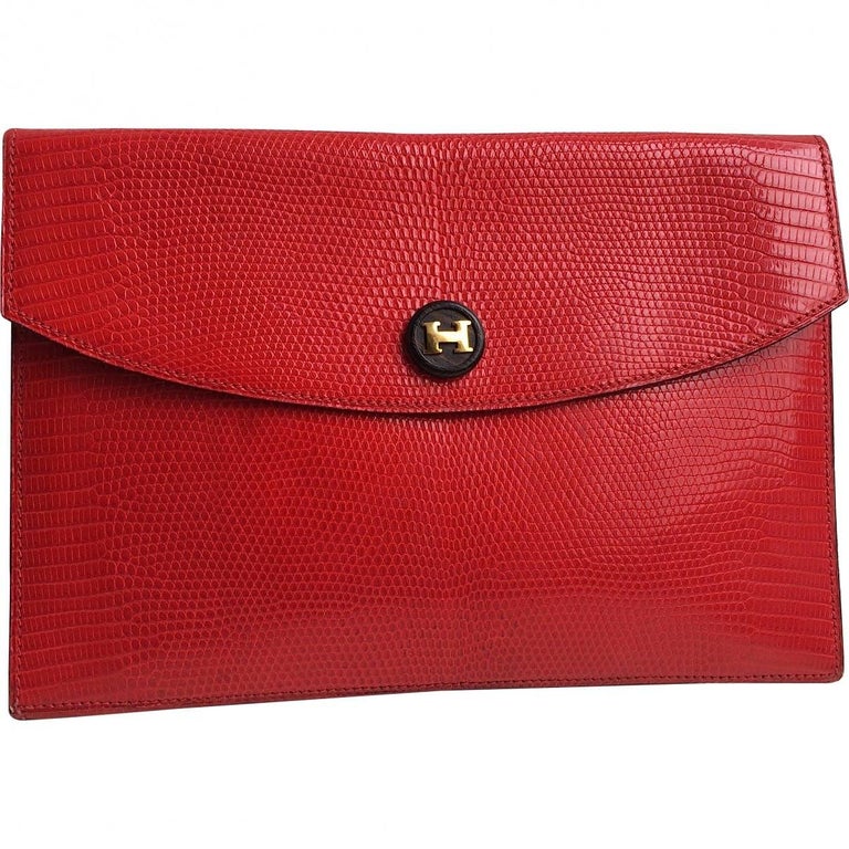 Hermes Red Leather Lizard Exotic Gold Envelope Evening Clutch Bag For ...