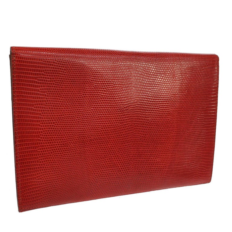 Hermes Red Leather Lizard Exotic Gold Envelope Evening Clutch Bag For Sale at 1stdibs