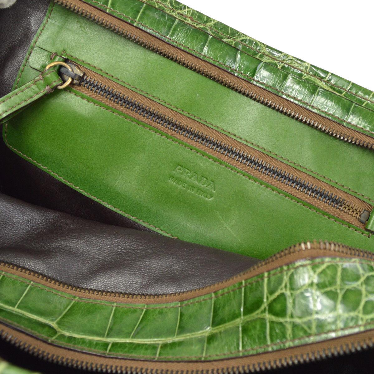 Women's Prada Kelly Green Leather Crocodile Embossed Shiny Top Handle Satchel Kelly Bag