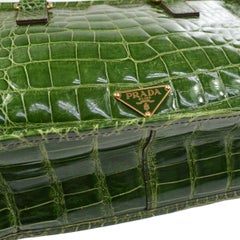 Prada Kelly Green Leather Crocodile Embossed Shiny Top Handle Satchel Kelly Bag