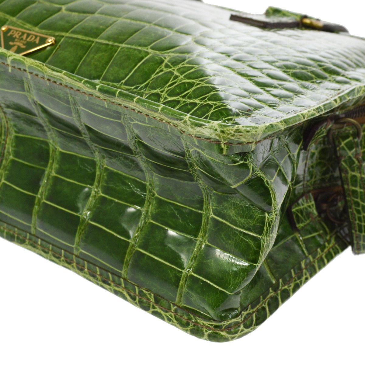 Black Prada Kelly Green Leather Crocodile Embossed Shiny Top Handle Satchel Kelly Bag