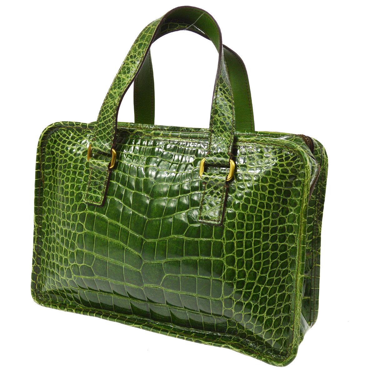 Prada Kelly Green Leather Crocodile Embossed Shiny Top Handle Satchel Kelly Bag