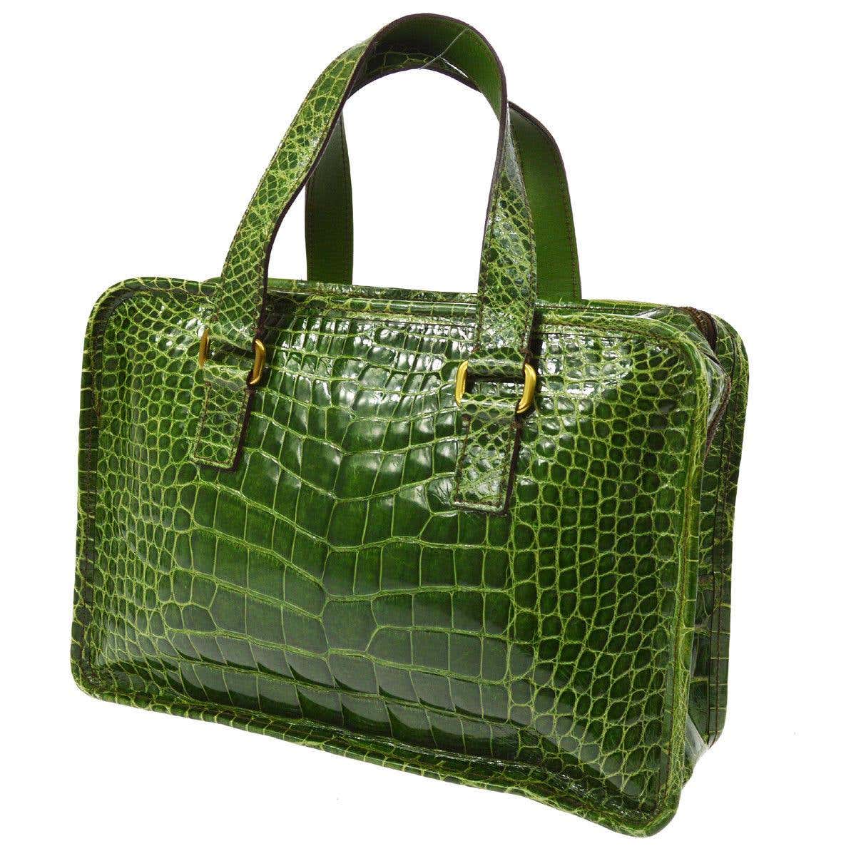 Prada Kelly Green Leather Crocodile Embossed Shiny Top Handle Satchel ...