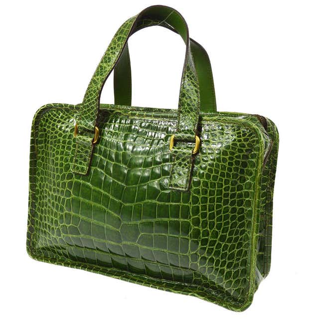 Prada Kelly Green Leather Crocodile Embossed Shiny Top Handle Satchel ...