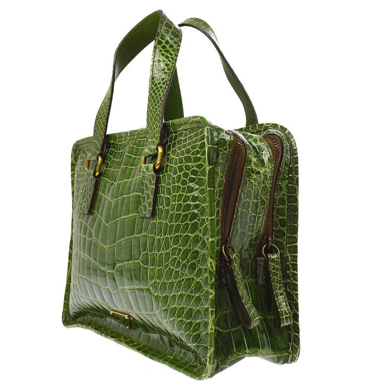 Prada Kelly Green Leather Crocodile Embossed Shiny Top Handle Satchel