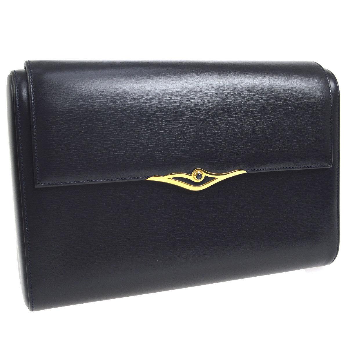 Cartier Dark Midnight Blue Leather Gold Emblem Envelope Evening Clutch Flap Bag