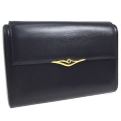 Retro Cartier Dark Midnight Blue Leather Gold Emblem Envelope Evening Clutch Flap Bag