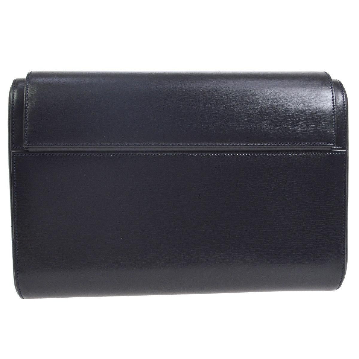 Black Cartier Dark Midnight Blue Leather Gold Emblem Envelope Evening Clutch Flap Bag