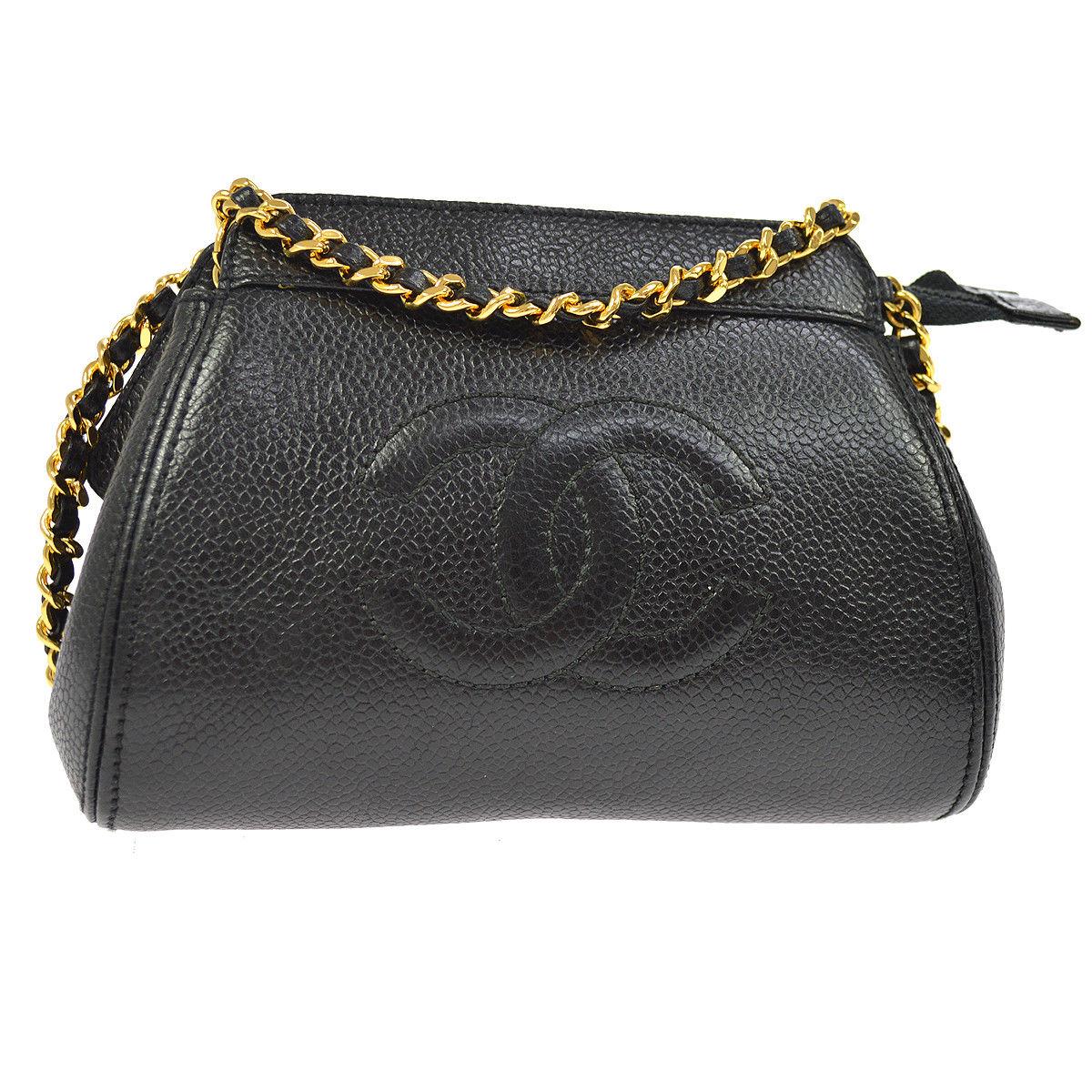 Chanel Black Caviar Leather Gold Mini 2 in 1 Clutch Party Shoulder Bag