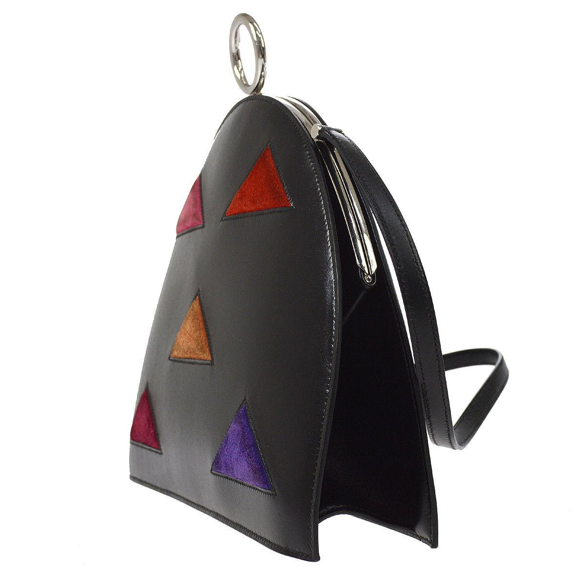 Women's Hermes Black Leather Multi Color Triangle Suede 2 in 1 Mini Clutch Shoulder Bag