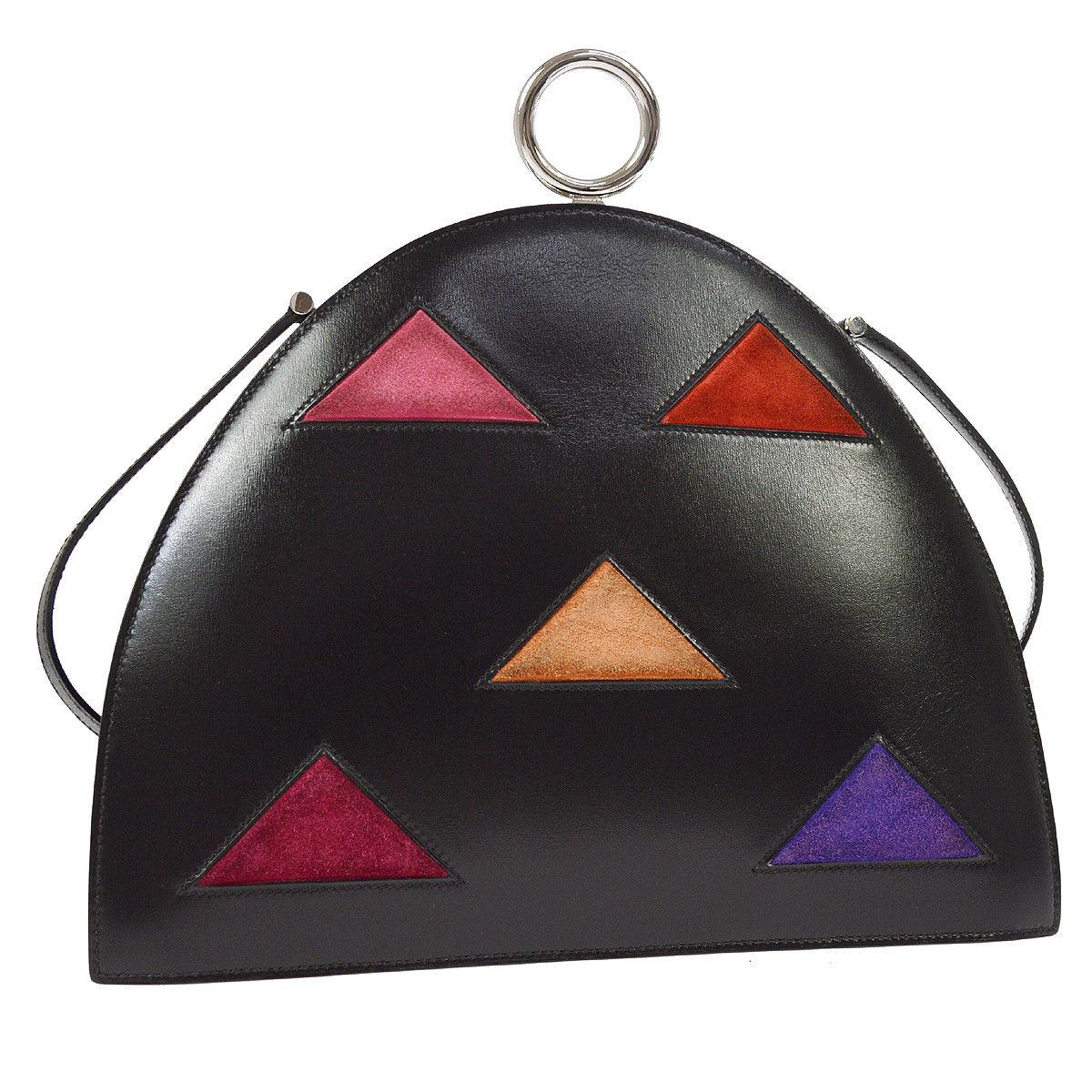 Hermes Black Leather Multi Color Triangle Suede 2 in 1 Mini Clutch Shoulder Bag
