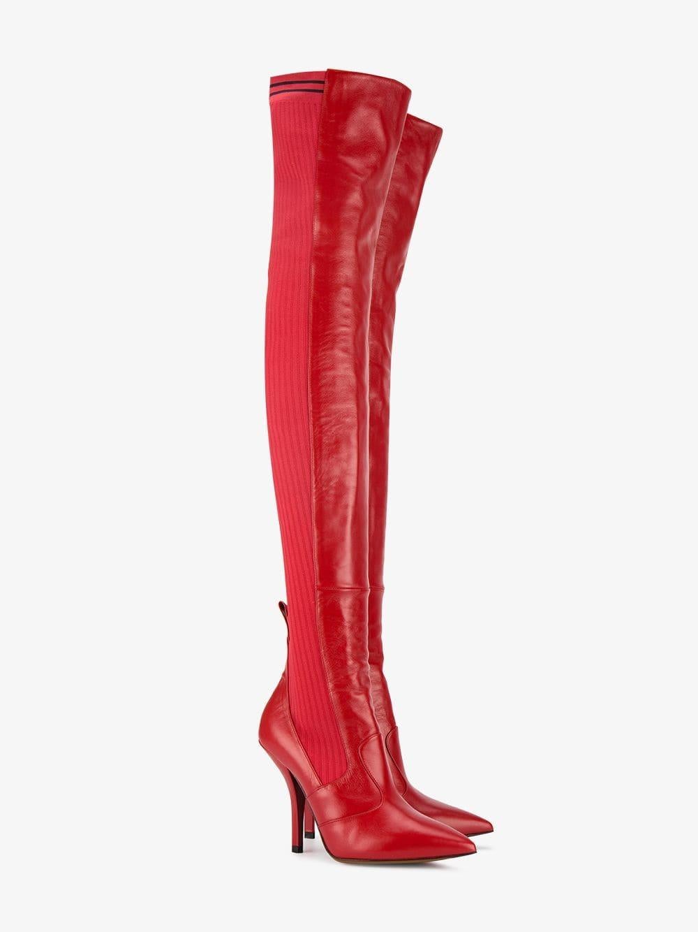 Fendi NEW Runway Red Leather Knit Sock Thigh High Evening Heels Boots  2