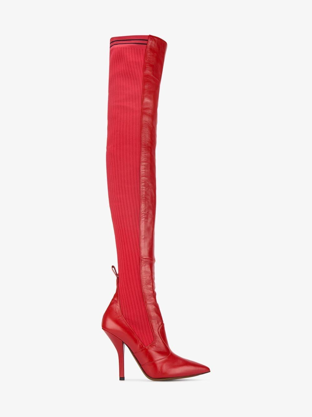 Fendi NEW Runway Red Leather Knit Sock Thigh High Evening Heels Boots  1