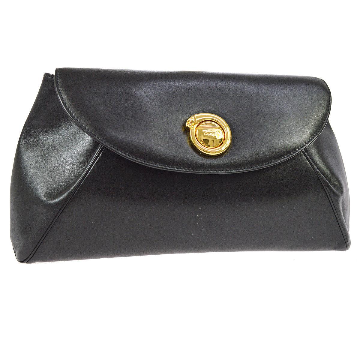 Cartier Black Leather Gold Emblem Envelope Evening Flap Clutch Bag