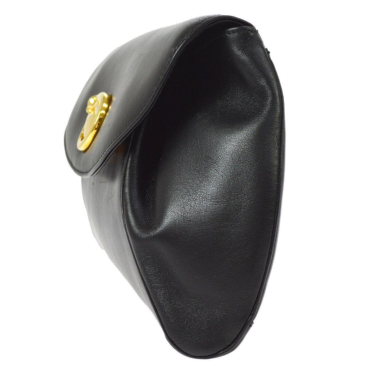 Women's Cartier Black Leather Gold Emblem Envelope Evening Flap Clutch Bag