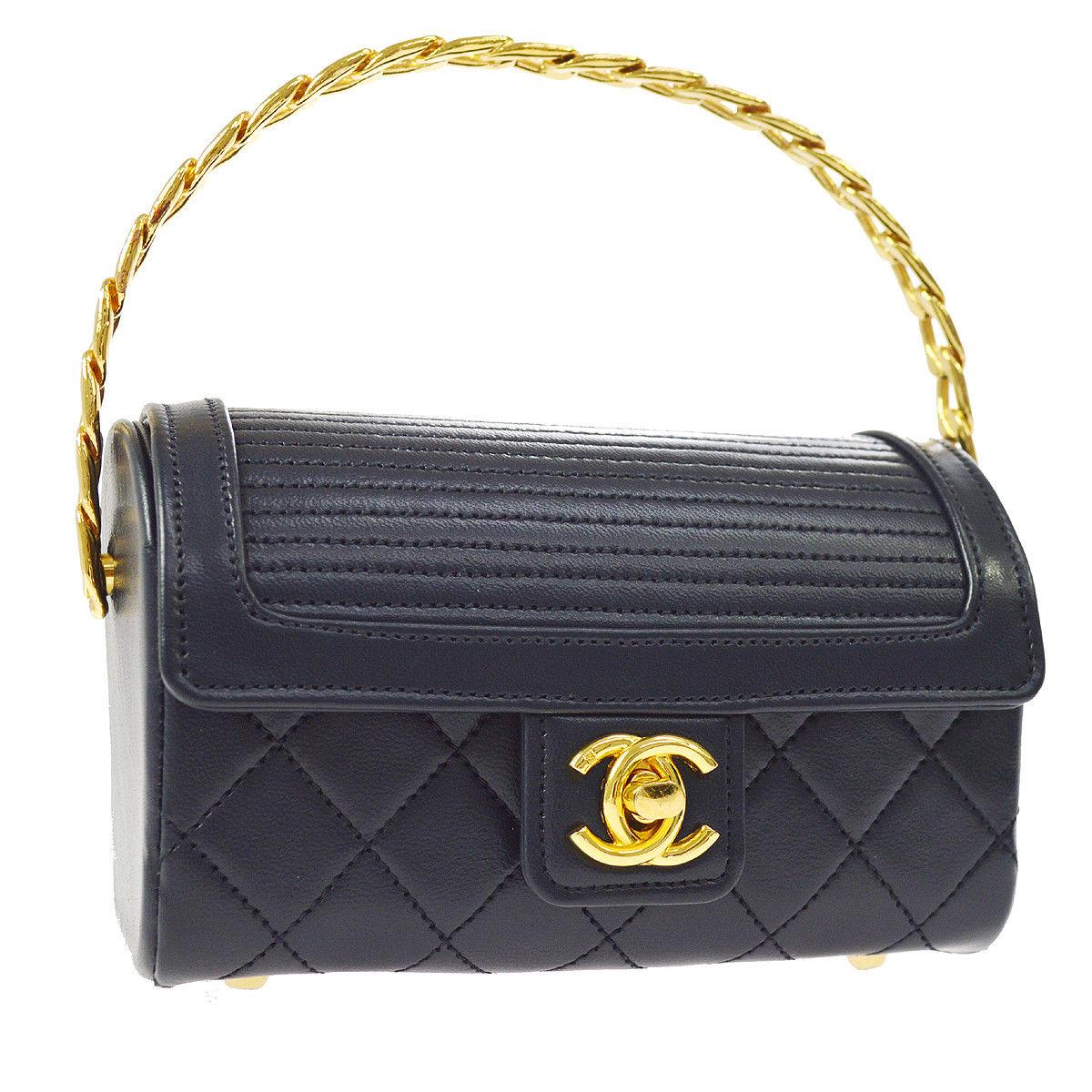 Chanel Rare Midnight Navy Blue Leather Gold Top Handle Satchel Mini Evening Bag