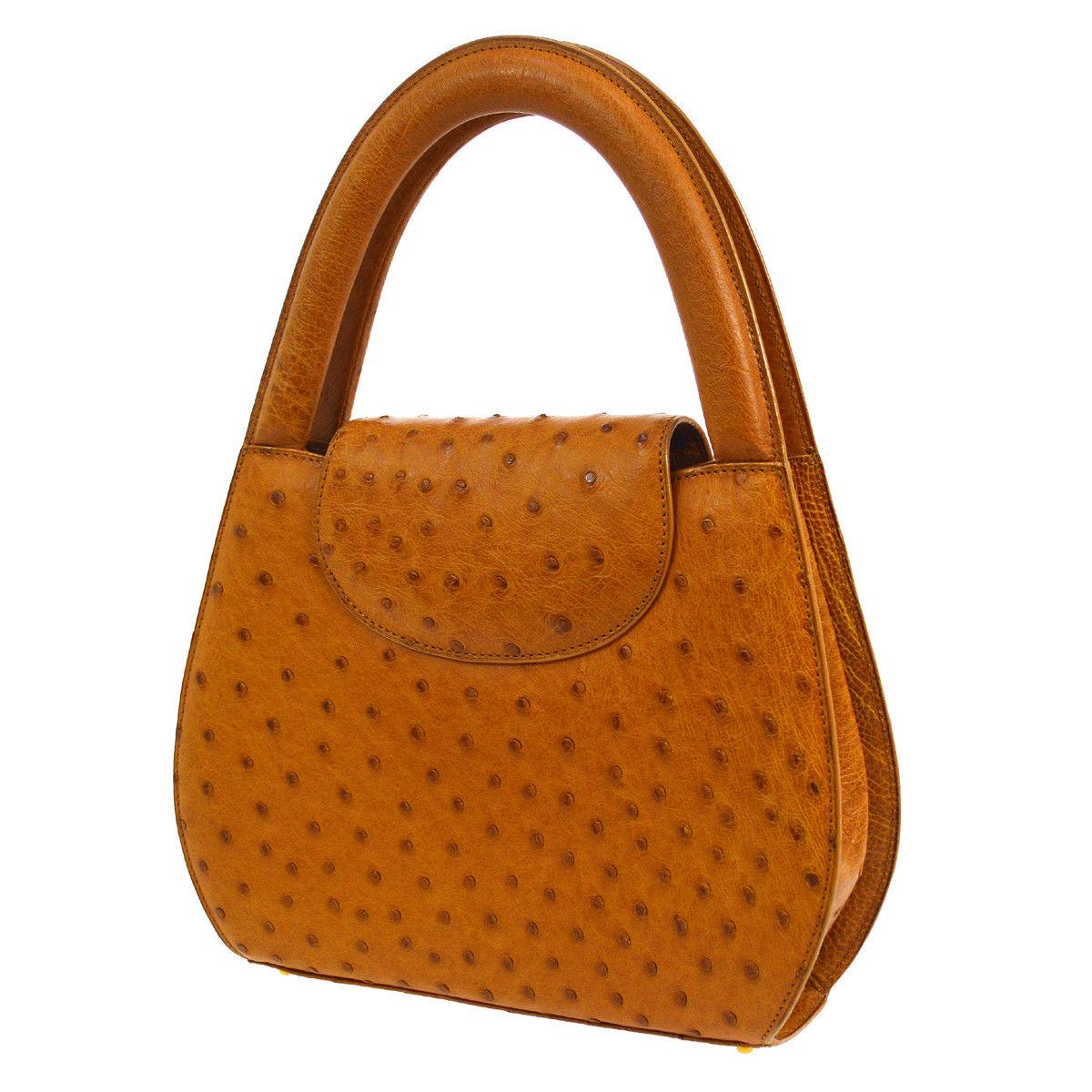 Cartier Cognac Cuir d'autruche Petit sac de soirée à rabat en cuir à poignée supérieure Bon état - En vente à Chicago, IL