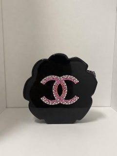 Chanel Runway Black Resin Pink Strass Flower Evening Clutch Shoulder Bag