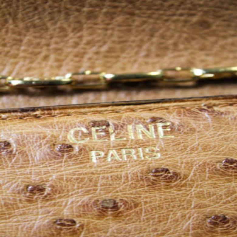 Celine Rare Vintage Cognac Ostrich Leather Gold Chain Shoulder Flap Bag In Excellent Condition In Chicago, IL