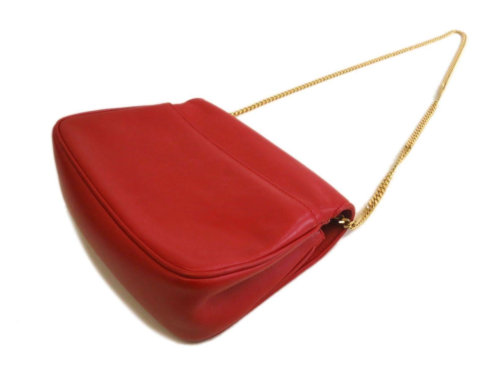 Celine Red Lambskin Leather Flap Gold Chain Shoulder Bag In Good Condition In Chicago, IL