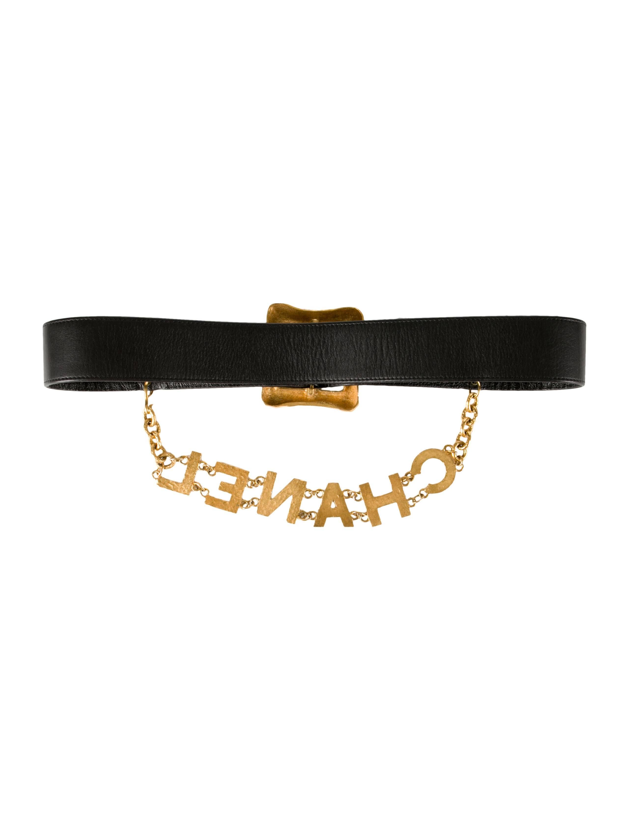 Chanel Gold Black Leather Logo Charm Chain Belt In Good Condition In Chicago, IL