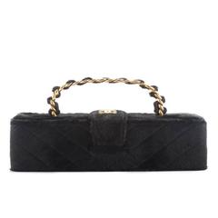 Chanel Black Fur Gold Chain Link Vanity Satchel