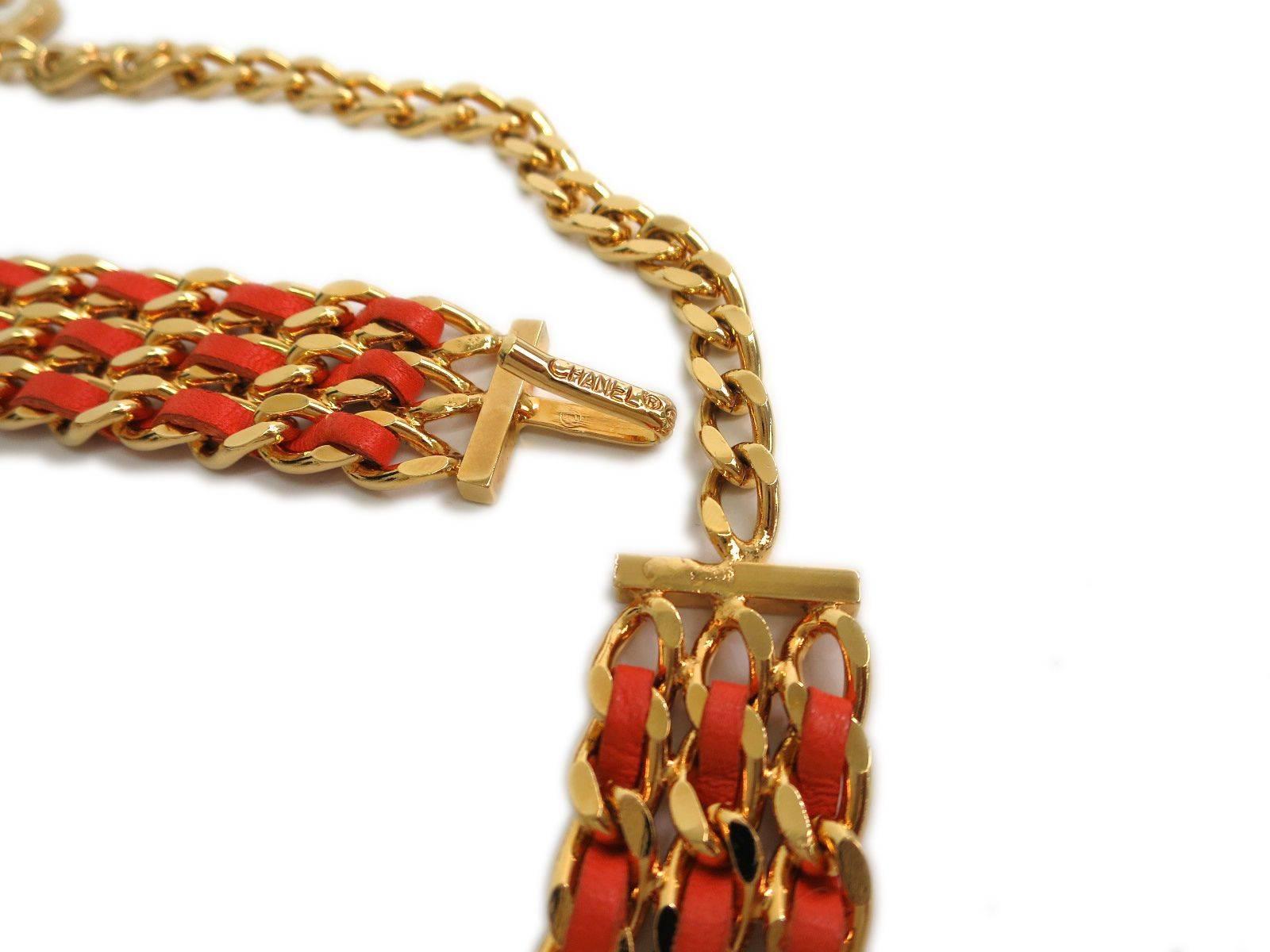 Women's Chanel Orange Leather Gold Chain Link Charm Belt