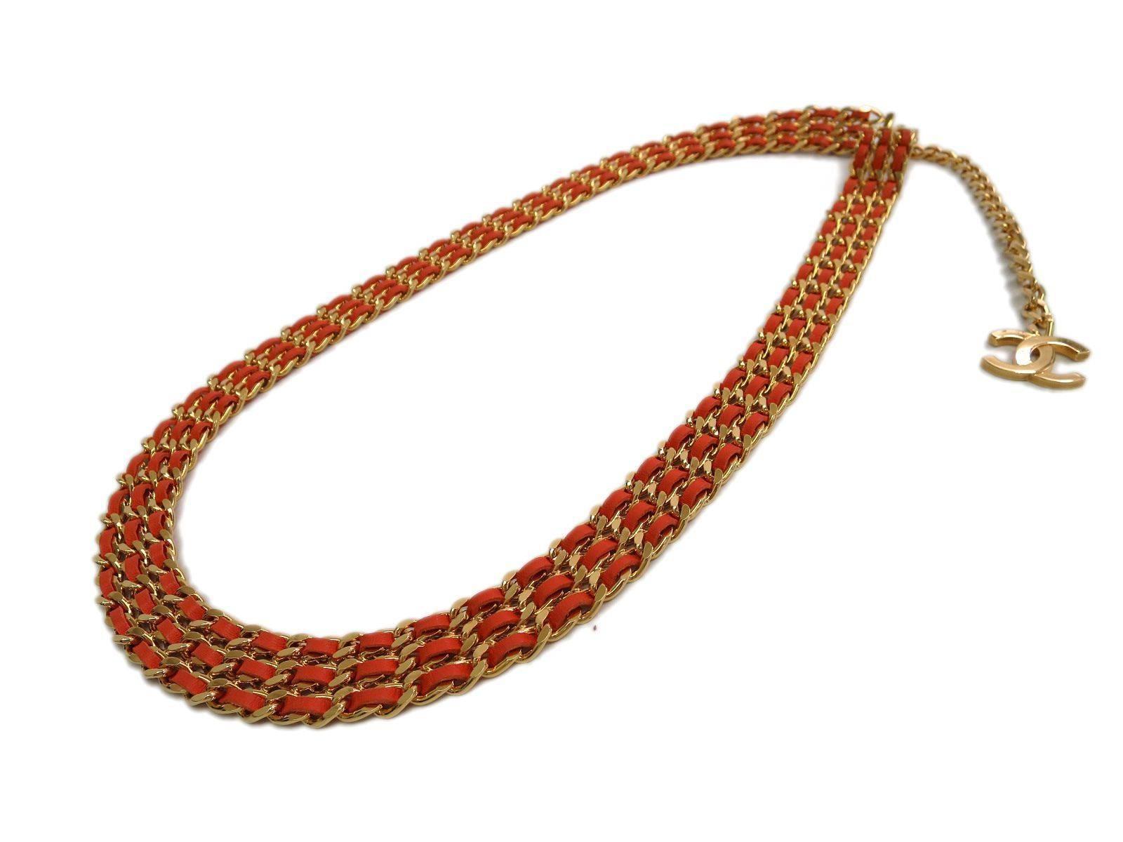 Chanel Orange Leather Gold Chain Link Charm Belt 1