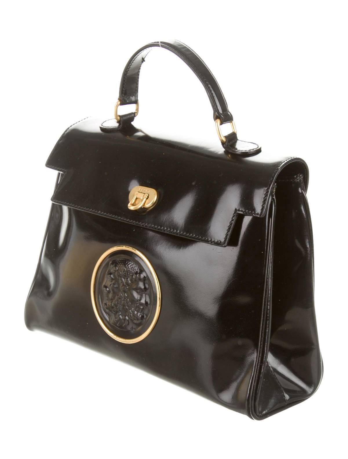 Women's Fendi Vintage Black Leather Gold Hardware Satchel Crossbody Shoulder Bag