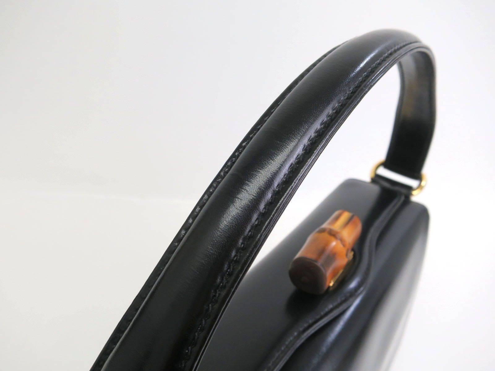Gucci Black Leather Bamboo Top Handle Satchel Shoulder Bag In Good Condition In Chicago, IL