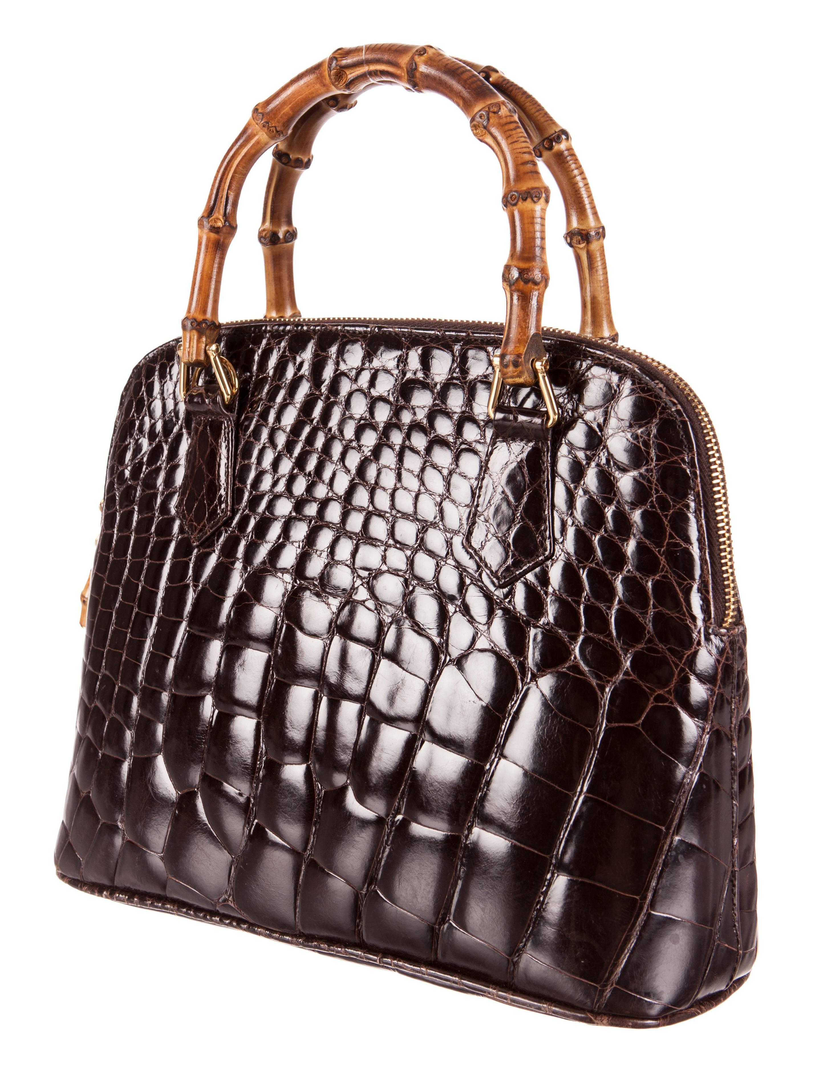 Gucci Brown Alligator and Bamboo Top Handle Satchel Shoulder Bag In Excellent Condition In Chicago, IL