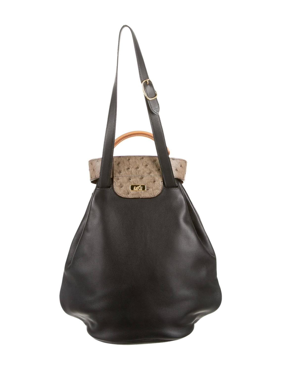Hermes Ostrich Leather Black Tan Gold Hardware Top Handle Bucket ...  
