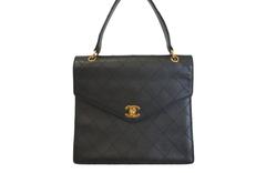 Vintage Chanel Black Caviar Leather Gold Hardware Turnlock Top Handle Satchel Bag