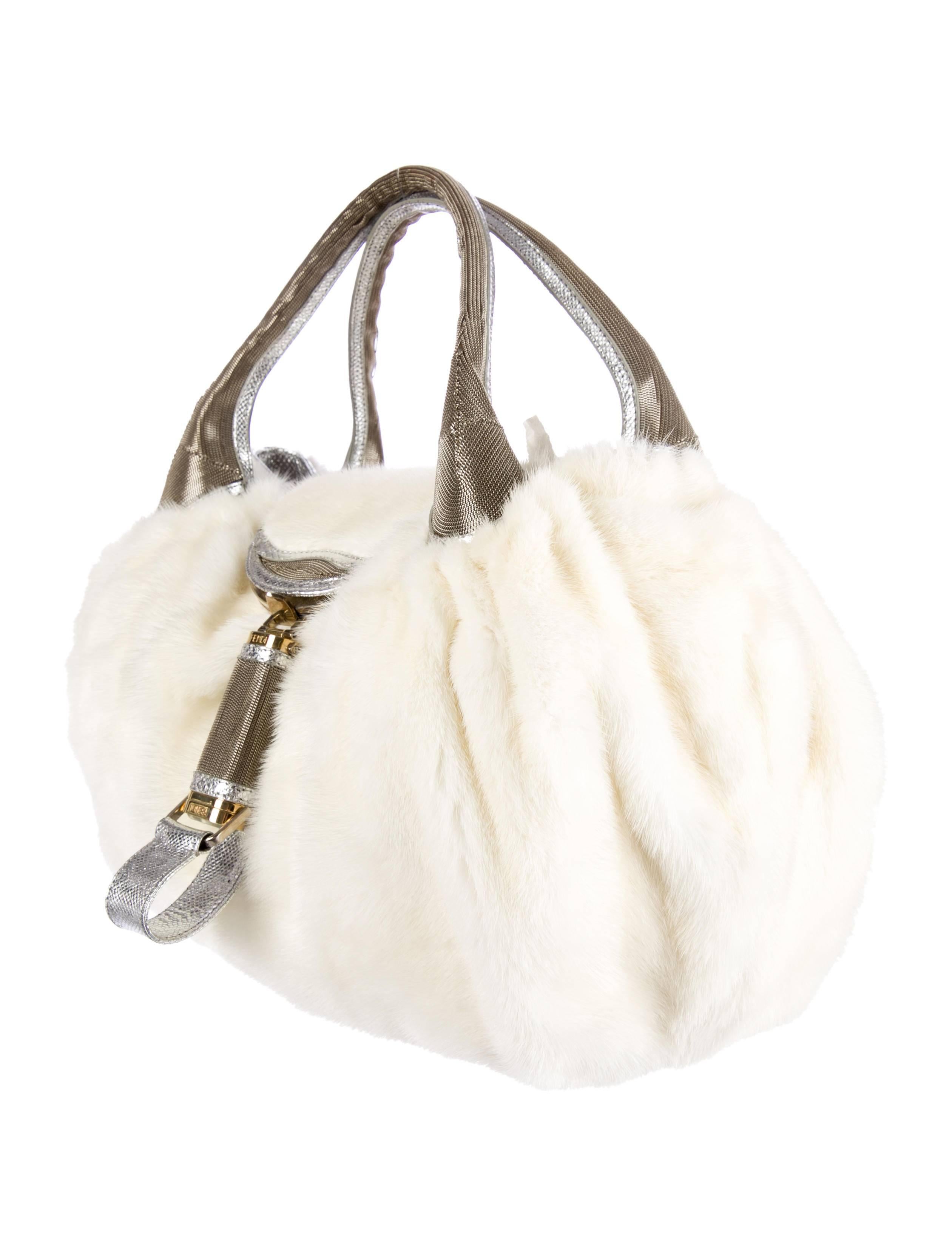 Fendi Spy Ivory Off White Cream Mink Fur Snakeskin Chain Top Handle Satchel Ba In Good Condition In Chicago, IL