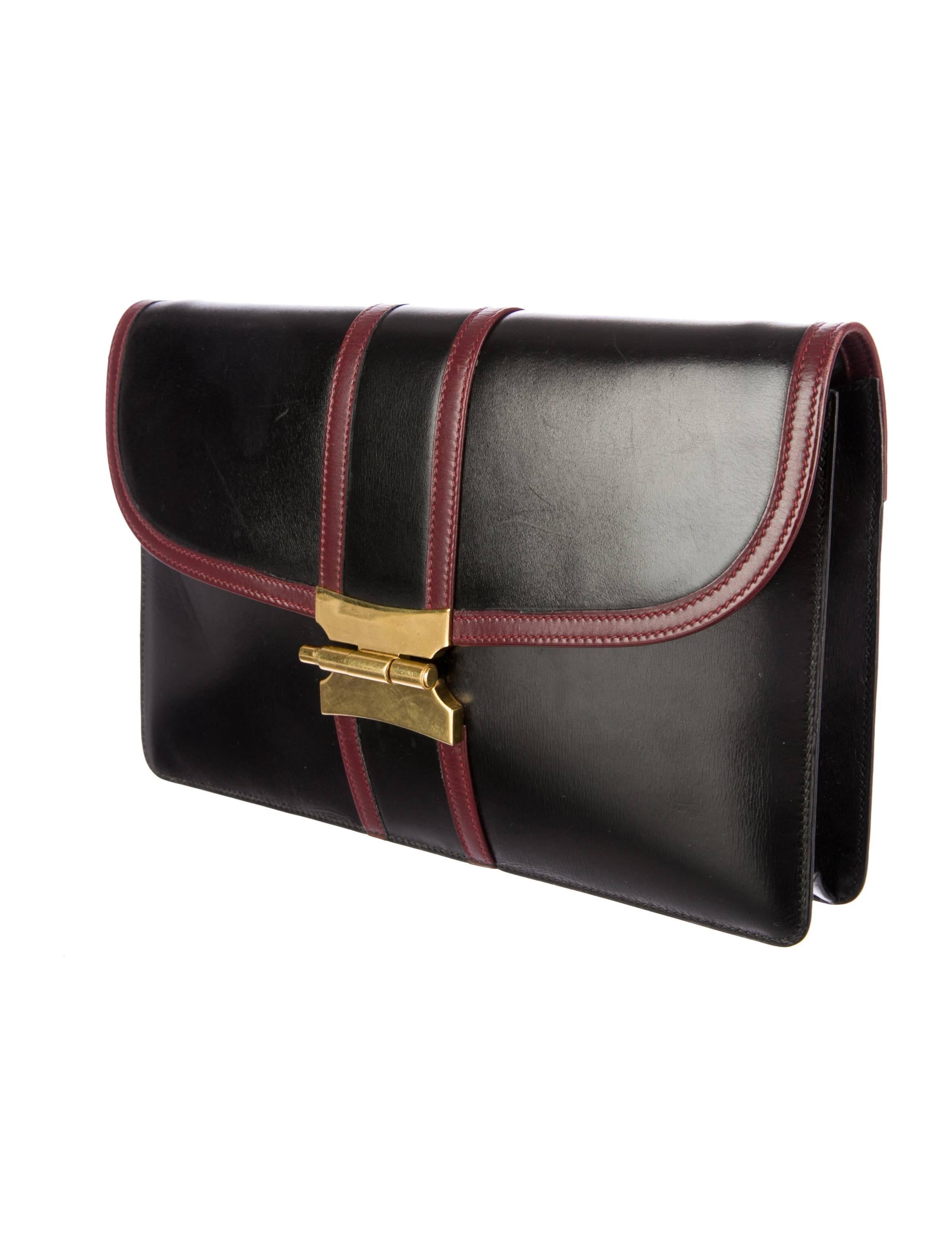 Hermes Black and Red Box Leather Rouge H Flap Envelope Clutch Bag In Good Condition In Chicago, IL