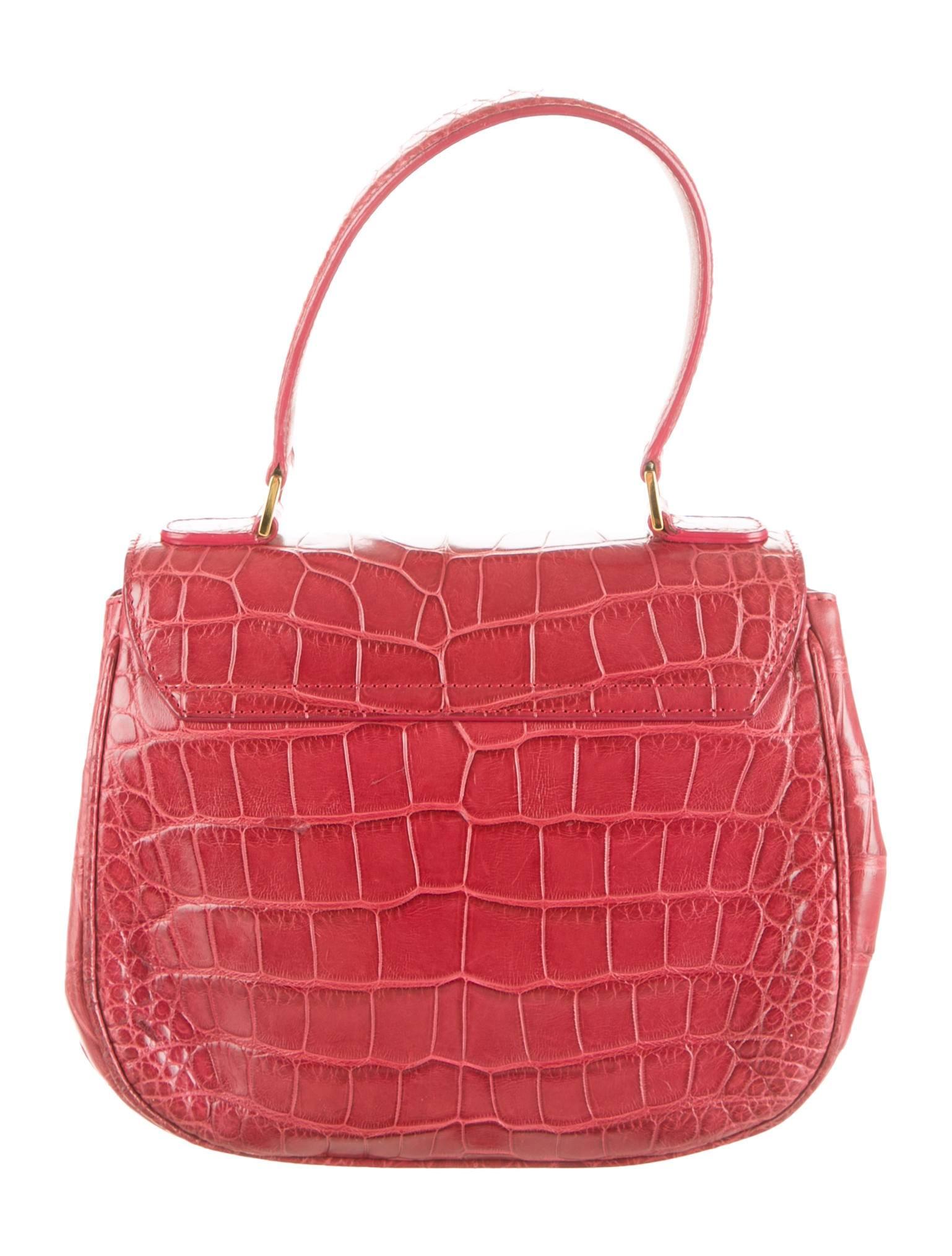 Women's Oscar de la Renta Rare Red Alligator Leather Top Handle Flap Satchel Bag