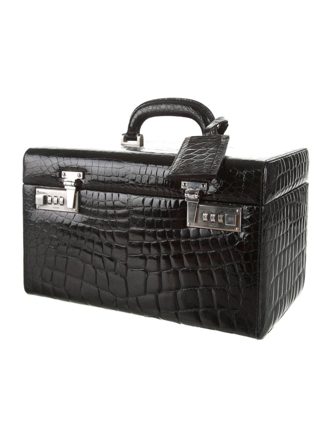 prada brown leather handbags - Prada Black Alligator Silver Hardware Vanity Top Handle Satchel ...