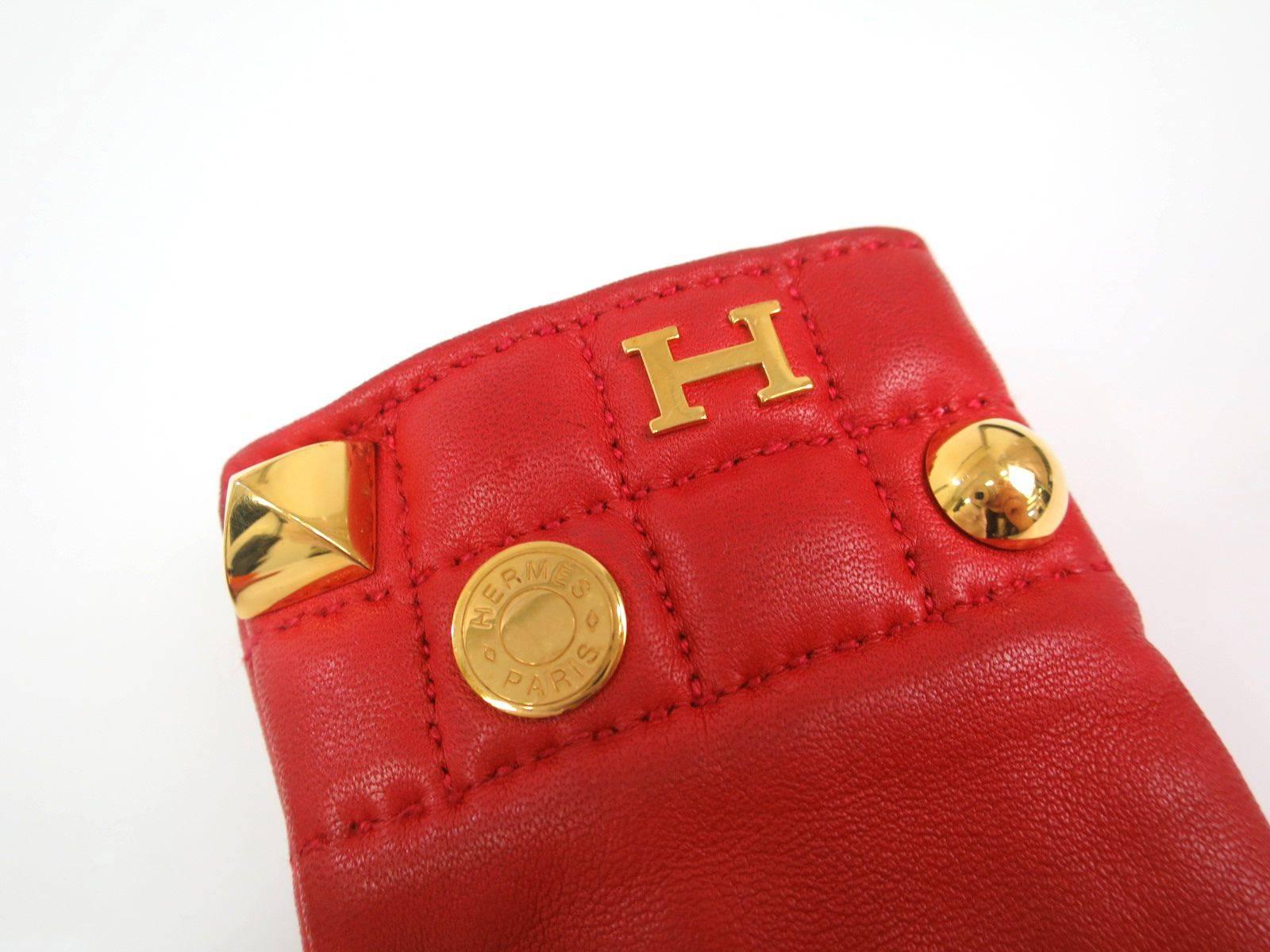 Women's or Men's Hermes Red Leather Gold Hardware H Gloves