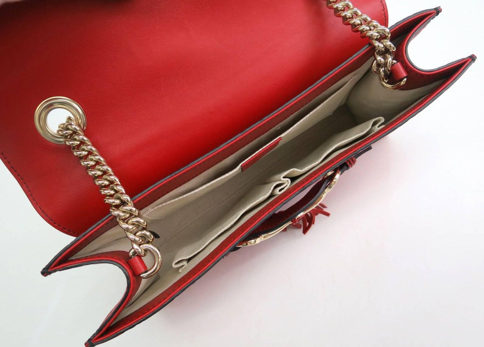 Women's Gucci Monogram GG Flap Red Leather Gold Chain Crossbody Shoulder Bag