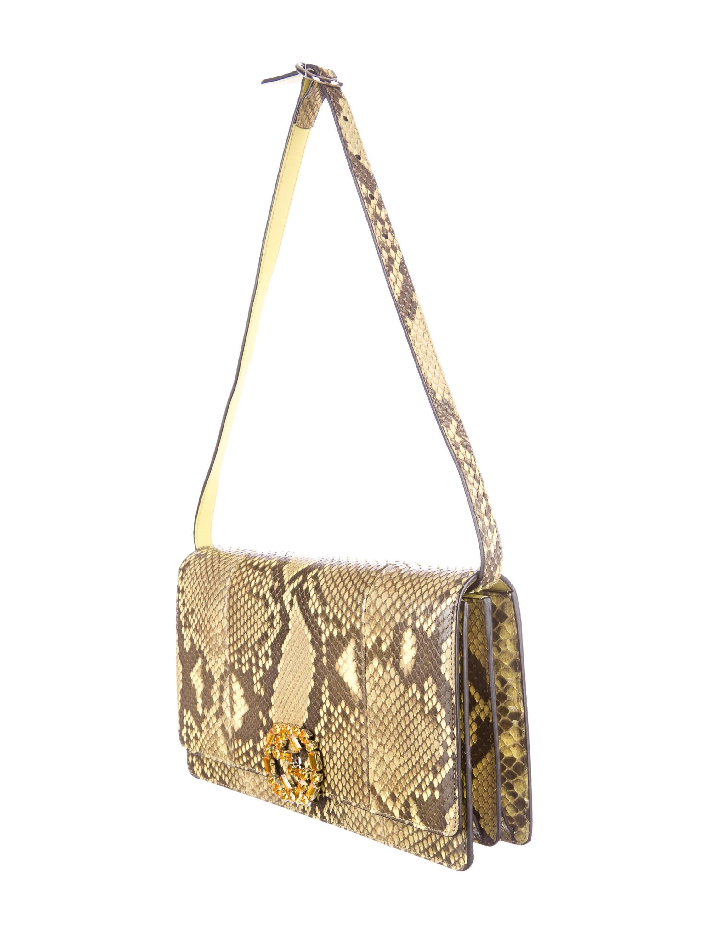 Gucci Python Brown and Yellow Crystal Logo Flap Shoulder Bag In Good Condition In Chicago, IL
